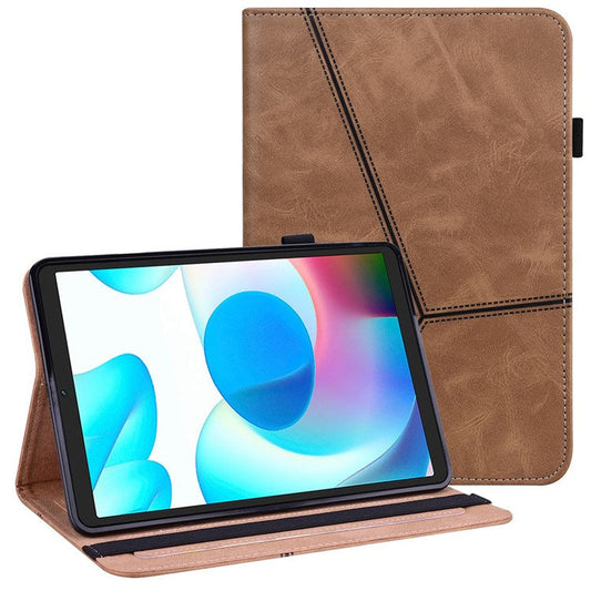 Card Holder Stand Tablet Case for Realme Pad Mini, Line Imprinted Shockproof PU Leather Elastic Band Protective Cover - Brown