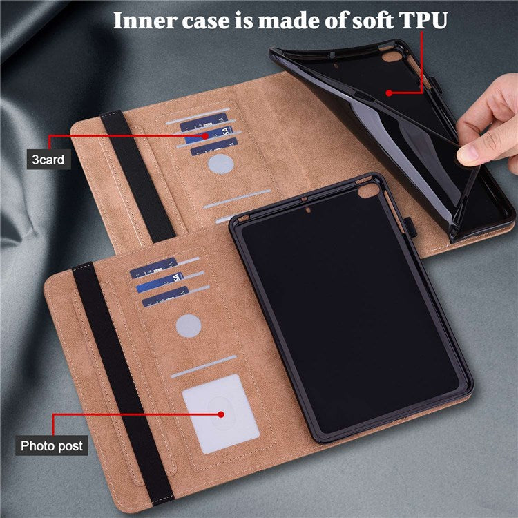 Card Holder Stand Tablet Case for Realme Pad Mini, Line Imprinted Shockproof PU Leather Elastic Band Protective Cover - Brown