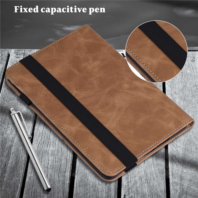 Card Holder Stand Tablet Case for Realme Pad Mini, Line Imprinted Shockproof PU Leather Elastic Band Protective Cover - Brown