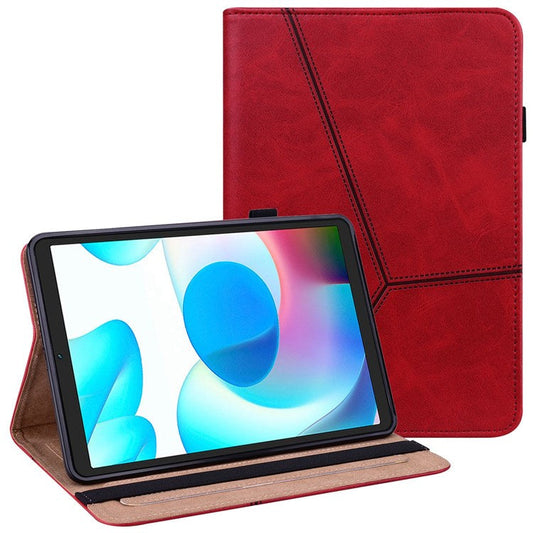 Card Holder Stand Tablet Case for Realme Pad Mini, Line Imprinted Shockproof PU Leather Elastic Band Protective Cover - Red