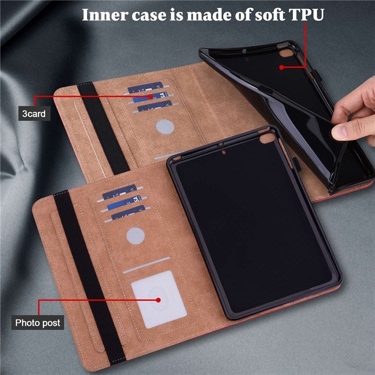 Card Holder Stand Tablet Case for Realme Pad Mini, Line Imprinted Shockproof PU Leather Elastic Band Protective Cover - Red