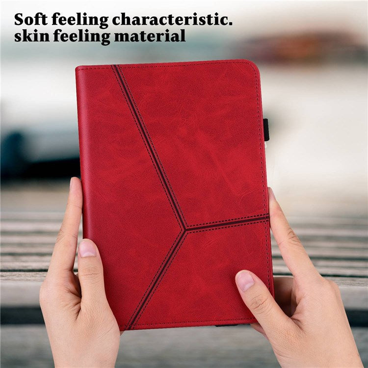 Card Holder Stand Tablet Case for Realme Pad Mini, Line Imprinted Shockproof PU Leather Elastic Band Protective Cover - Red