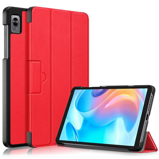 Tablet Covering Shell for Realme Pad Mini PC+PU Leather Trifold Stand Cover Well-protected Flip Tablet Case - Red