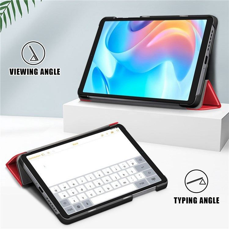 Tablet Covering Shell for Realme Pad Mini PC+PU Leather Trifold Stand Cover Well-protected Flip Tablet Case - Red