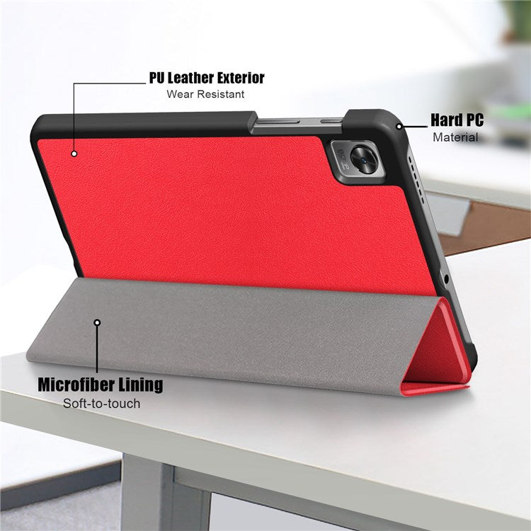 Tablet Covering Shell for Realme Pad Mini PC+PU Leather Trifold Stand Cover Well-protected Flip Tablet Case - Red