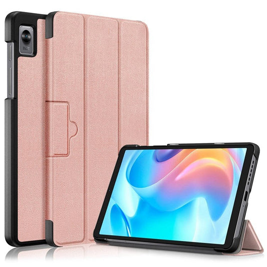 Tablet Covering Shell for Realme Pad Mini PC+PU Leather Trifold Stand Cover Well-protected Flip Tablet Case - Rose Gold