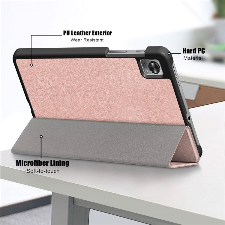 Tablet Covering Shell for Realme Pad Mini PC+PU Leather Trifold Stand Cover Well-protected Flip Tablet Case - Rose Gold