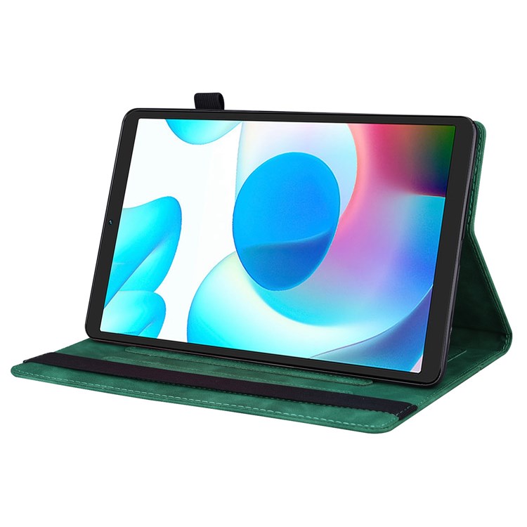 For Realme Pad Mini Shockproof Anti-fall Tablet Case PU Leather Stand Wallet Elastic Band Shell with Pencil Holder - Green
