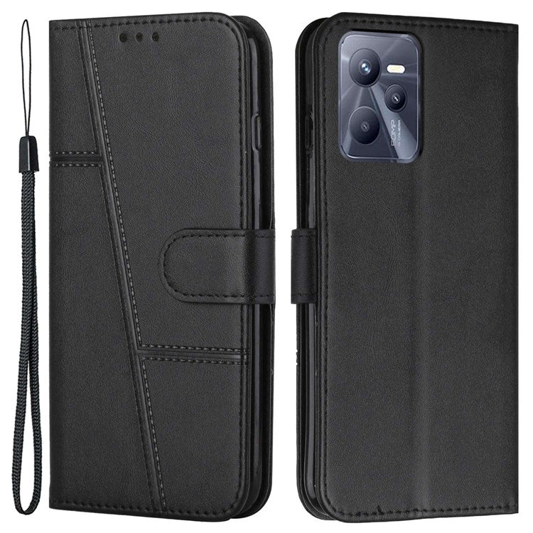 For Realme C35/Narzo 50A Prime Full Protection Flip Case Stitching PU Leather Magnetic Phone Case Folio Stand Cover with Strap Card Holder - Black