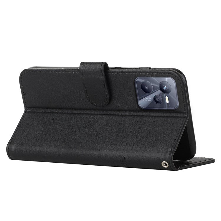 For Realme C35/Narzo 50A Prime Full Protection Flip Case Stitching PU Leather Magnetic Phone Case Folio Stand Cover with Strap Card Holder - Black