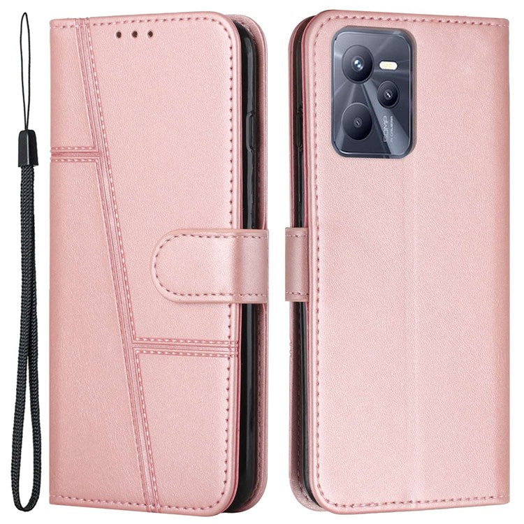 For Realme C35/Narzo 50A Prime Full Protection Flip Case Stitching PU Leather Magnetic Phone Case Folio Stand Cover with Strap Card Holder - Rose Gold