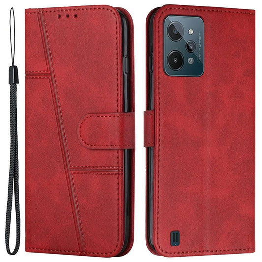 For Realme C31 Anti-fall Flip Case Stitching PU Leather Protective Phone Case Folio Stand Precise Cutout Cover with Strap - Red