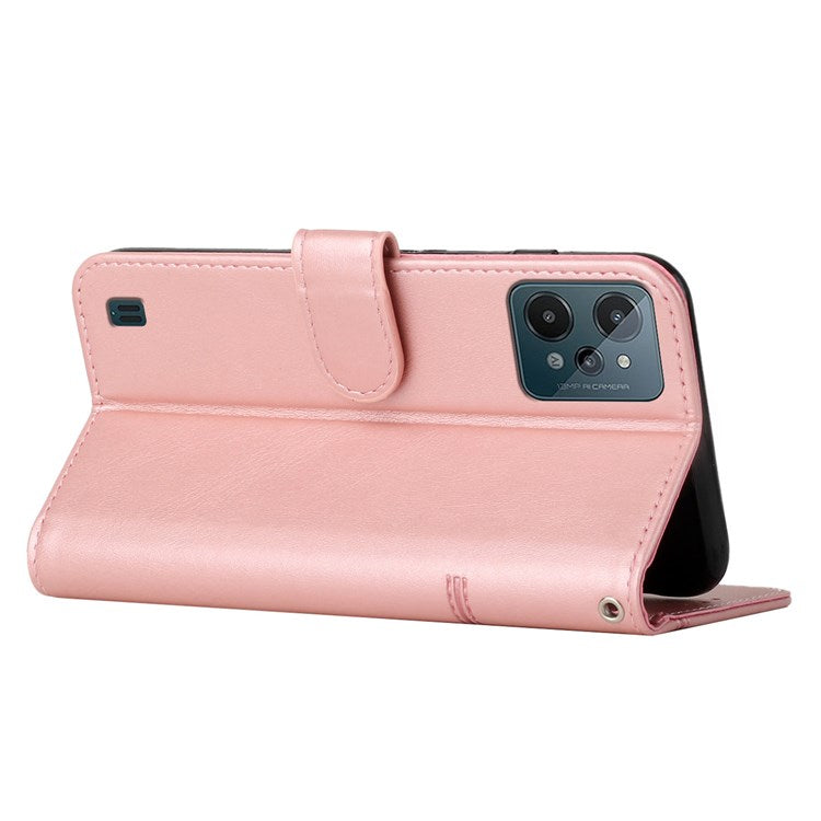 For Realme C31 Anti-fall Flip Case Stitching PU Leather Protective Phone Case Folio Stand Precise Cutout Cover with Strap - Rose Gold