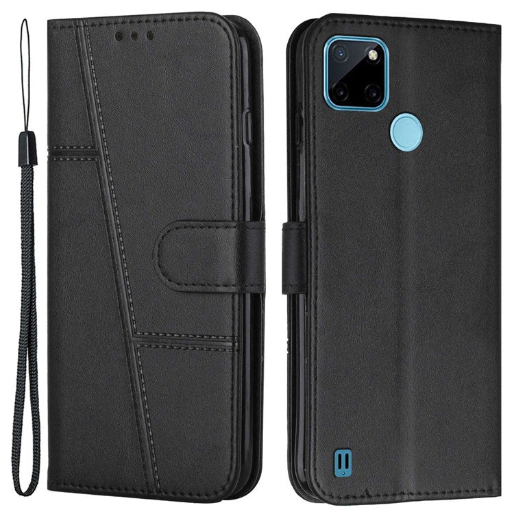 For Realme C21Y/C25Y Full Coverage Flip Case Anti-scratch PU Leather Magnetic Folio Book Folding Stitching Cover Stand with Strap - Black