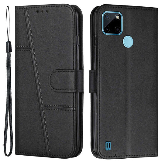 For Realme C21Y/C25Y Full Coverage Flip Case Anti-scratch PU Leather Magnetic Folio Book Folding Stitching Cover Stand with Strap - Black