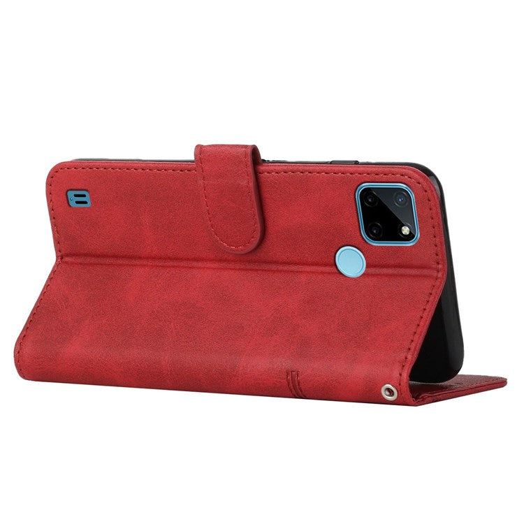 For Realme C21Y/C25Y Full Coverage Flip Case Anti-scratch PU Leather Magnetic Folio Book Folding Stitching Cover Stand with Strap - Red