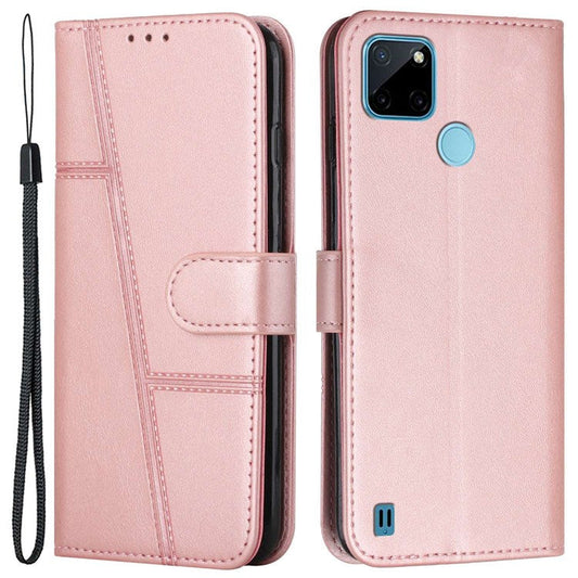 For Realme C21Y/C25Y Full Coverage Flip Case Anti-scratch PU Leather Magnetic Folio Book Folding Stitching Cover Stand with Strap - Rose Gold