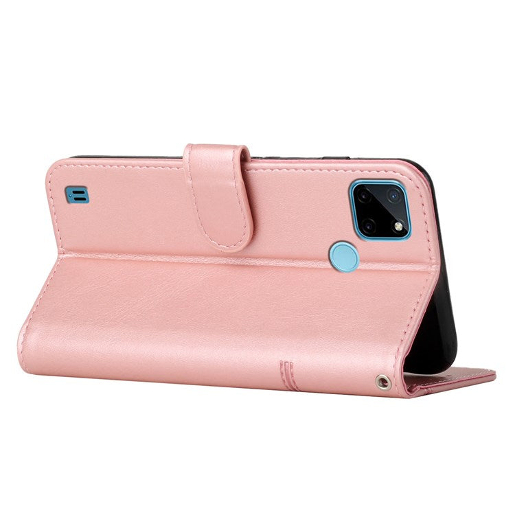 For Realme C21Y/C25Y Full Coverage Flip Case Anti-scratch PU Leather Magnetic Folio Book Folding Stitching Cover Stand with Strap - Rose Gold