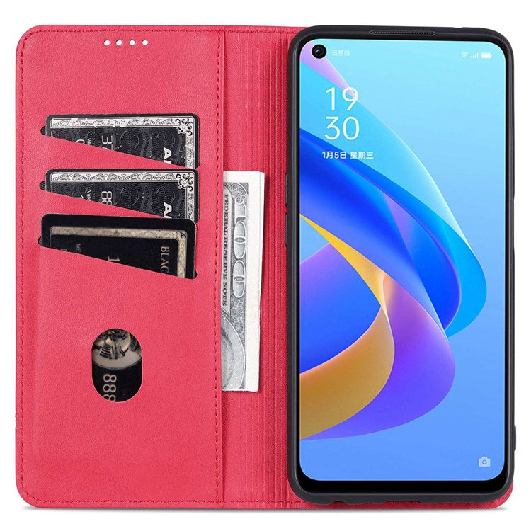 AZNS For Oppo A57 (2022) 5G / A77 5G / OnePlus Nord N300 5G PU Leather Wallet Flip Cover Hidden Magnetic Absorption Stand Folio Phone Case - Red