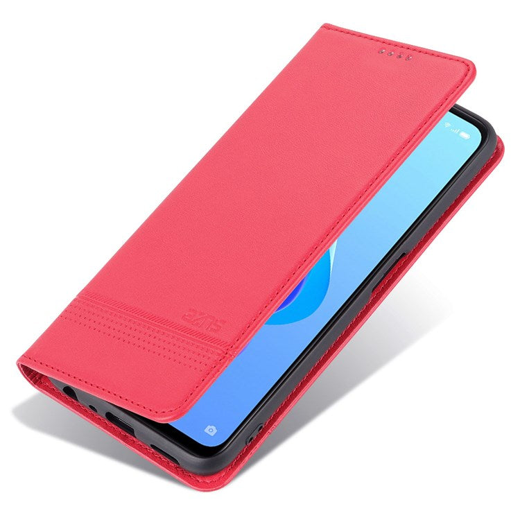 AZNS For Oppo A57 (2022) 5G / A77 5G / OnePlus Nord N300 5G PU Leather Wallet Flip Cover Hidden Magnetic Absorption Stand Folio Phone Case - Red