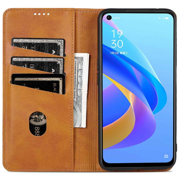 AZNS For Oppo A57 (2022) 5G / A77 5G / OnePlus Nord N300 5G PU Leather Wallet Flip Cover Hidden Magnetic Absorption Stand Folio Phone Case - Brown