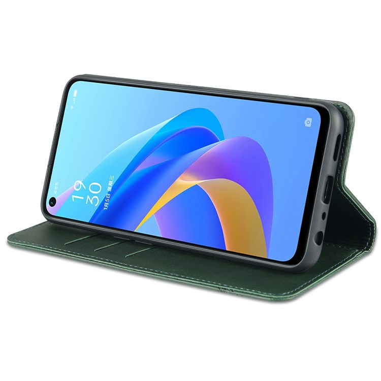 AZNS For Oppo A57 (2022) 5G / A77 5G / OnePlus Nord N300 5G PU Leather Wallet Flip Cover Hidden Magnetic Absorption Stand Folio Phone Case - Blackish Green