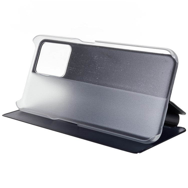 For Realme 9 Pro 5G / 9 5G / 9 5G / V25 5G Drop-proof Smart View Window Mirror Case Electroplate Stand PU Leather Full Body Protective Cover - Black