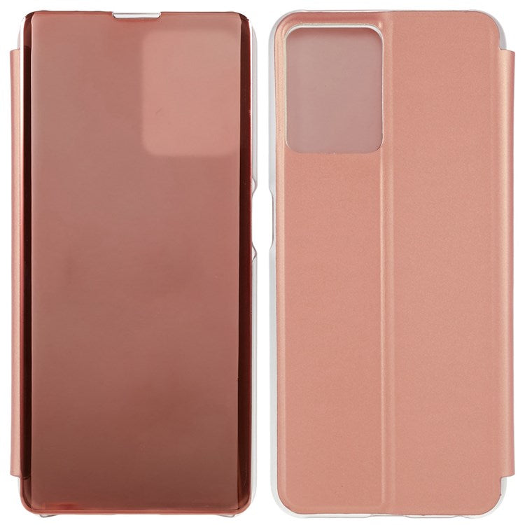 For Realme 9 Pro 5G / 9 5G / 9 5G / V25 5G Drop-proof Smart View Window Mirror Case Electroplate Stand PU Leather Full Body Protective Cover - Rose Gold