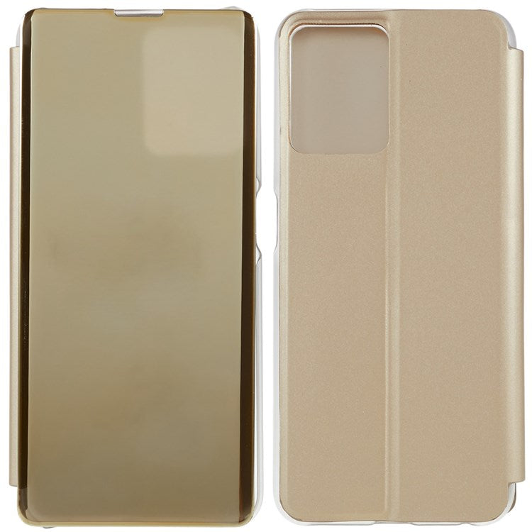 For Realme 9 Pro 5G / 9 5G / 9 5G / V25 5G Drop-proof Smart View Window Mirror Case Electroplate Stand PU Leather Full Body Protective Cover - Gold