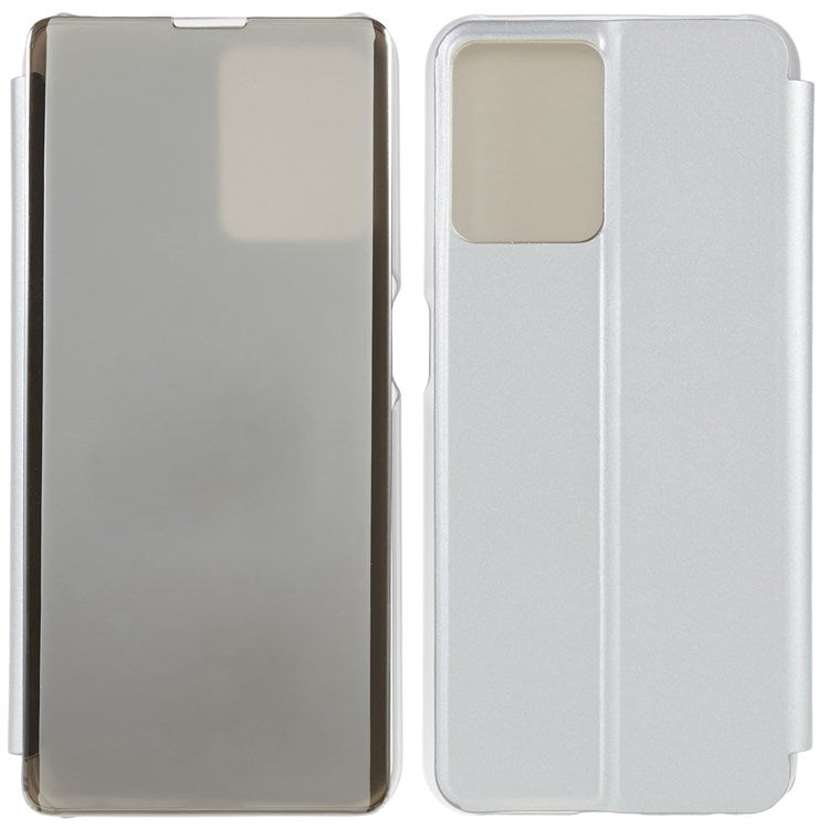 For Realme 9 Pro 5G / 9 5G / 9 5G / V25 5G Drop-proof Smart View Window Mirror Case Electroplate Stand PU Leather Full Body Protective Cover - Silver