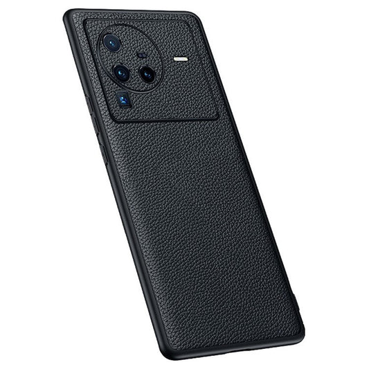 Precise Cutout Litchi Texture Phone Case for vivo X80 Pro, Genuine Cowhide Leather Coated TPU Cover with Lens Protection - Black