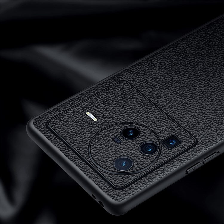 Precise Cutout Litchi Texture Phone Case for vivo X80 Pro, Genuine Cowhide Leather Coated TPU Cover with Lens Protection - Black
