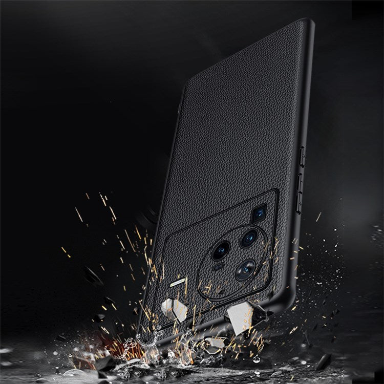 Precise Cutout Litchi Texture Phone Case for vivo X80 Pro, Genuine Cowhide Leather Coated TPU Cover with Lens Protection - Black