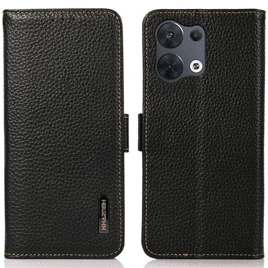 KHAZNEH Genuine Leather Phone Case for Oppo Reno8 5G (Global Version) / Oppo Reno8 5G, Anti-wear Litchi Texture Cell Phone Cover with RFID Blocking and Wallet Stand - Black