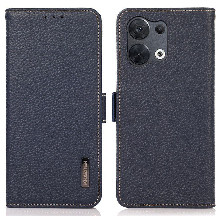 KHAZNEH Genuine Leather Phone Case for Oppo Reno8 5G (Global Version) / Oppo Reno8 5G, Anti-wear Litchi Texture Cell Phone Cover with RFID Blocking and Wallet Stand - Blue