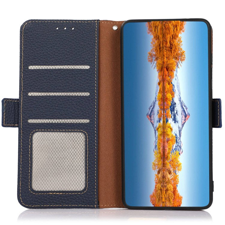 KHAZNEH Genuine Leather Phone Case for Oppo Reno8 5G (Global Version) / Oppo Reno8 5G, Anti-wear Litchi Texture Cell Phone Cover with RFID Blocking and Wallet Stand - Blue