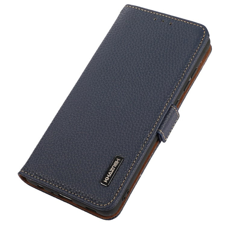 KHAZNEH Genuine Leather Phone Case for Oppo Reno8 5G (Global Version) / Oppo Reno8 5G, Anti-wear Litchi Texture Cell Phone Cover with RFID Blocking and Wallet Stand - Blue