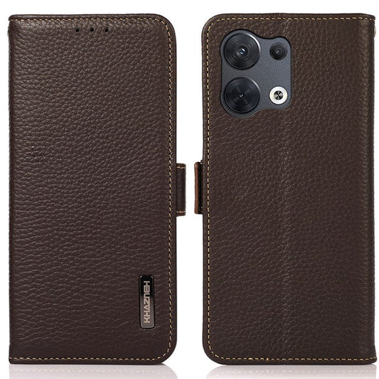 KHAZNEH Genuine Leather Phone Case for Oppo Reno8 5G (Global Version) / Oppo Reno8 5G, Anti-wear Litchi Texture Cell Phone Cover with RFID Blocking and Wallet Stand - Brown