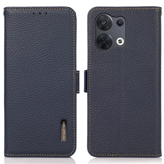 KHAZNEH RFID Blocking Genuine Leather Case for Oppo Reno8 Pro 5G (Global Version) / Reno8 Pro+ (China) 5G, Litchi Texture Stand Wallet Magnetic Clasp Phone Cover - Blue