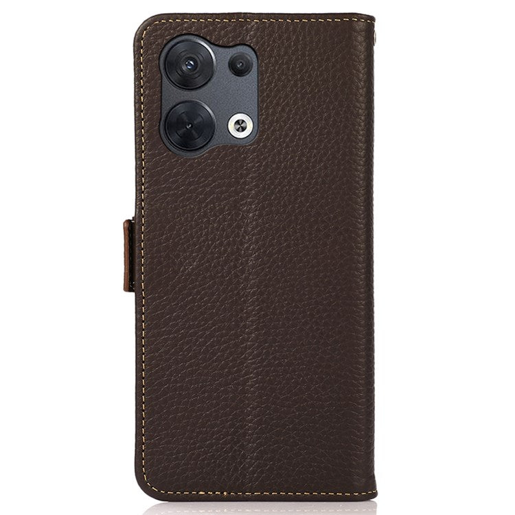KHAZNEH RFID Blocking Genuine Leather Case for Oppo Reno8 Pro 5G (Global Version) / Reno8 Pro+ (China) 5G, Litchi Texture Stand Wallet Magnetic Clasp Phone Cover - Brown