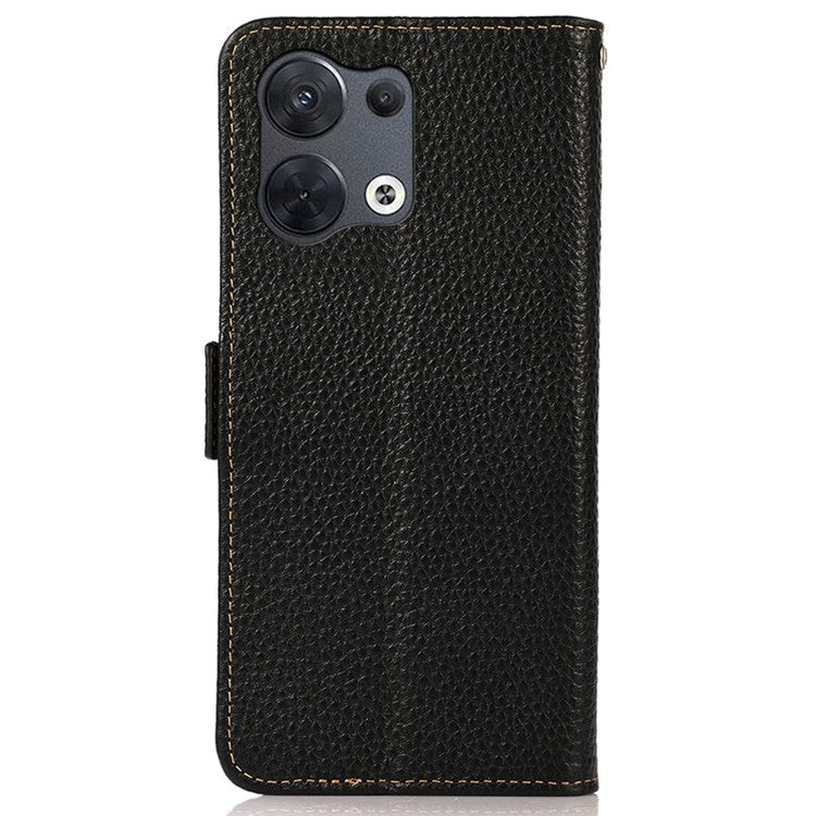 KHAZNEH RFID Blocking Genuine Leather Case for Oppo Reno8 Pro 5G (Global Version) / Reno8 Pro+ (China) 5G, Litchi Texture Stand Wallet Magnetic Clasp Phone Cover - Black