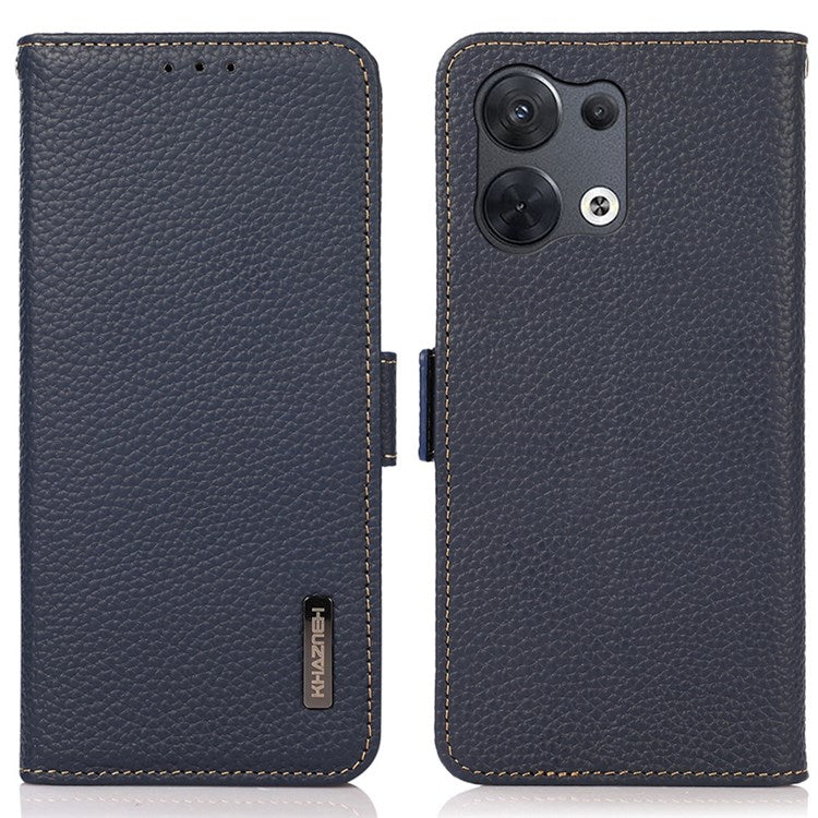 KHAZNEH Genuine Leather Phone Case for Oppo Reno8 Pro+ (China) 5G / Reno8 Pro 5G (Global Version), Litchi Texture Protective Cover with RFID Blocking and Wallet Stand - Blue
