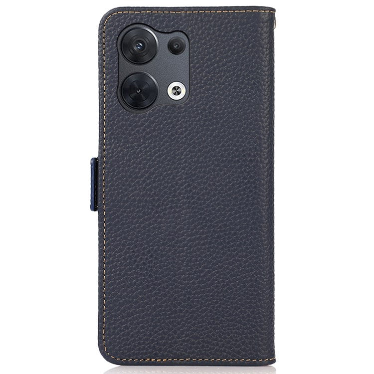 KHAZNEH Genuine Leather Phone Case for Oppo Reno8 Pro+ (China) 5G / Reno8 Pro 5G (Global Version), Litchi Texture Protective Cover with RFID Blocking and Wallet Stand - Blue