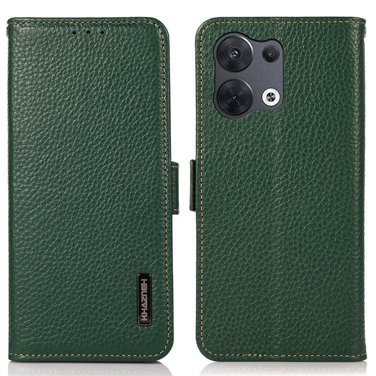 KHAZNEH Genuine Leather Phone Case for Oppo Reno8 Pro+ (China) 5G / Reno8 Pro 5G (Global Version), Litchi Texture Protective Cover with RFID Blocking and Wallet Stand - Green