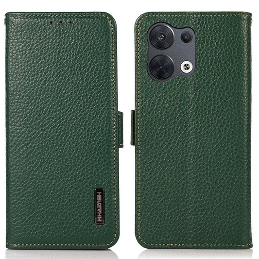 KHAZNEH Genuine Leather Phone Case for Oppo Reno8 Pro+ (China) 5G / Reno8 Pro 5G (Global Version), Litchi Texture Protective Cover with RFID Blocking and Wallet Stand - Green