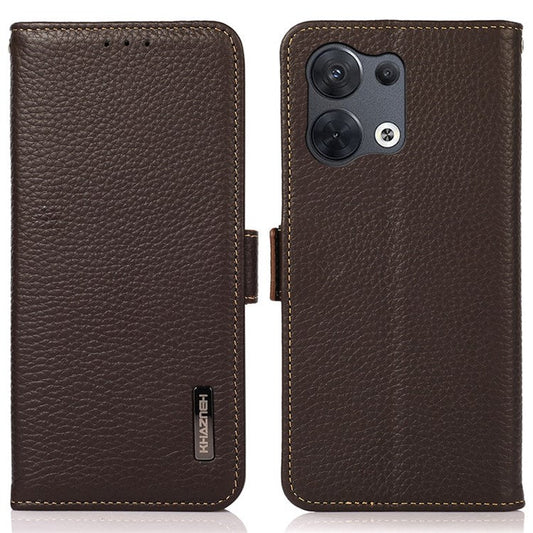 KHAZNEH Genuine Leather Phone Case for Oppo Reno8 Pro+ (China) 5G / Reno8 Pro 5G (Global Version), Litchi Texture Protective Cover with RFID Blocking and Wallet Stand - Brown