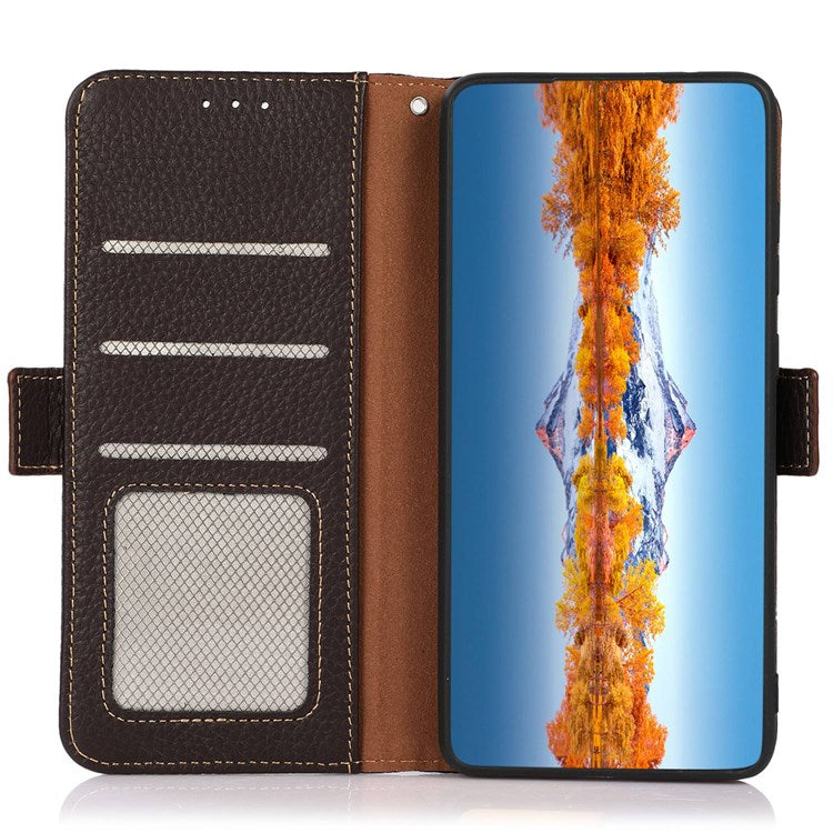 KHAZNEH Genuine Leather Phone Case for Oppo Reno8 Pro+ (China) 5G / Reno8 Pro 5G (Global Version), Litchi Texture Protective Cover with RFID Blocking and Wallet Stand - Brown
