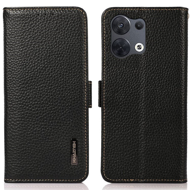 KHAZNEH Genuine Leather Phone Case for Oppo Reno8 Pro+ (China) 5G / Reno8 Pro 5G (Global Version), Litchi Texture Protective Cover with RFID Blocking and Wallet Stand - Black