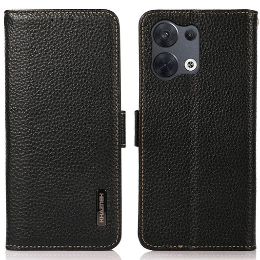 KHAZNEH Genuine Leather Phone Case for Oppo Reno8 Pro+ (China) 5G / Reno8 Pro 5G (Global Version), Litchi Texture Protective Cover with RFID Blocking and Wallet Stand - Black