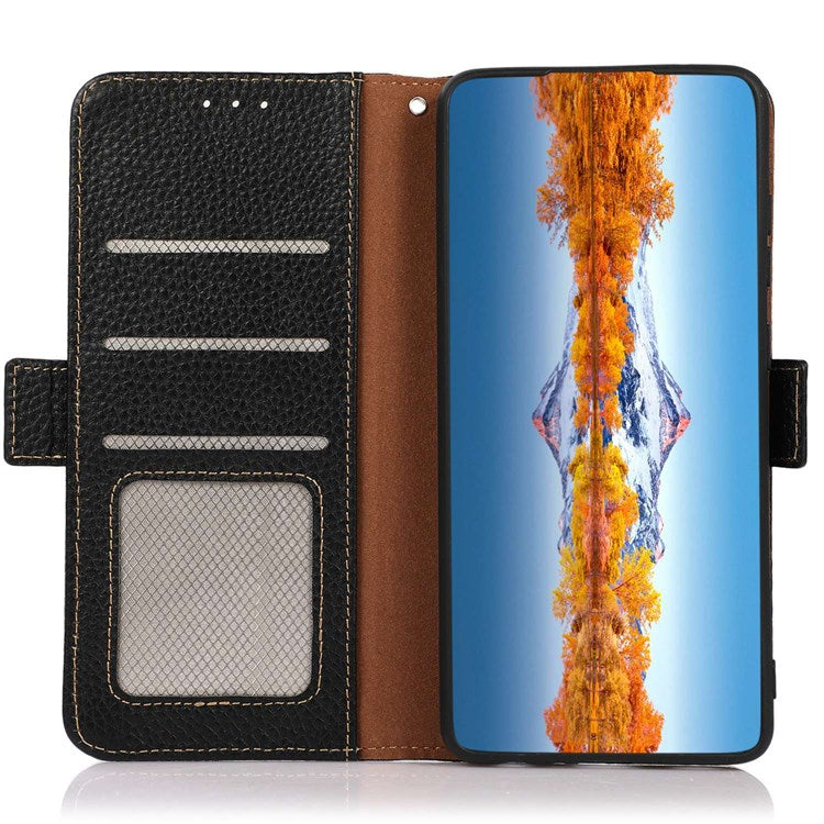 KHAZNEH Genuine Leather Phone Case for Oppo Reno8 Pro+ (China) 5G / Reno8 Pro 5G (Global Version), Litchi Texture Protective Cover with RFID Blocking and Wallet Stand - Black